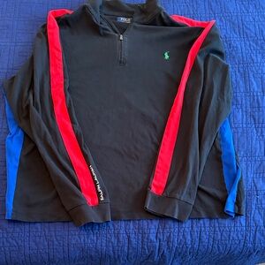 Polo by Ralph Lauren Men's Black Zip-Up Sweater with Red and Blue Stripes